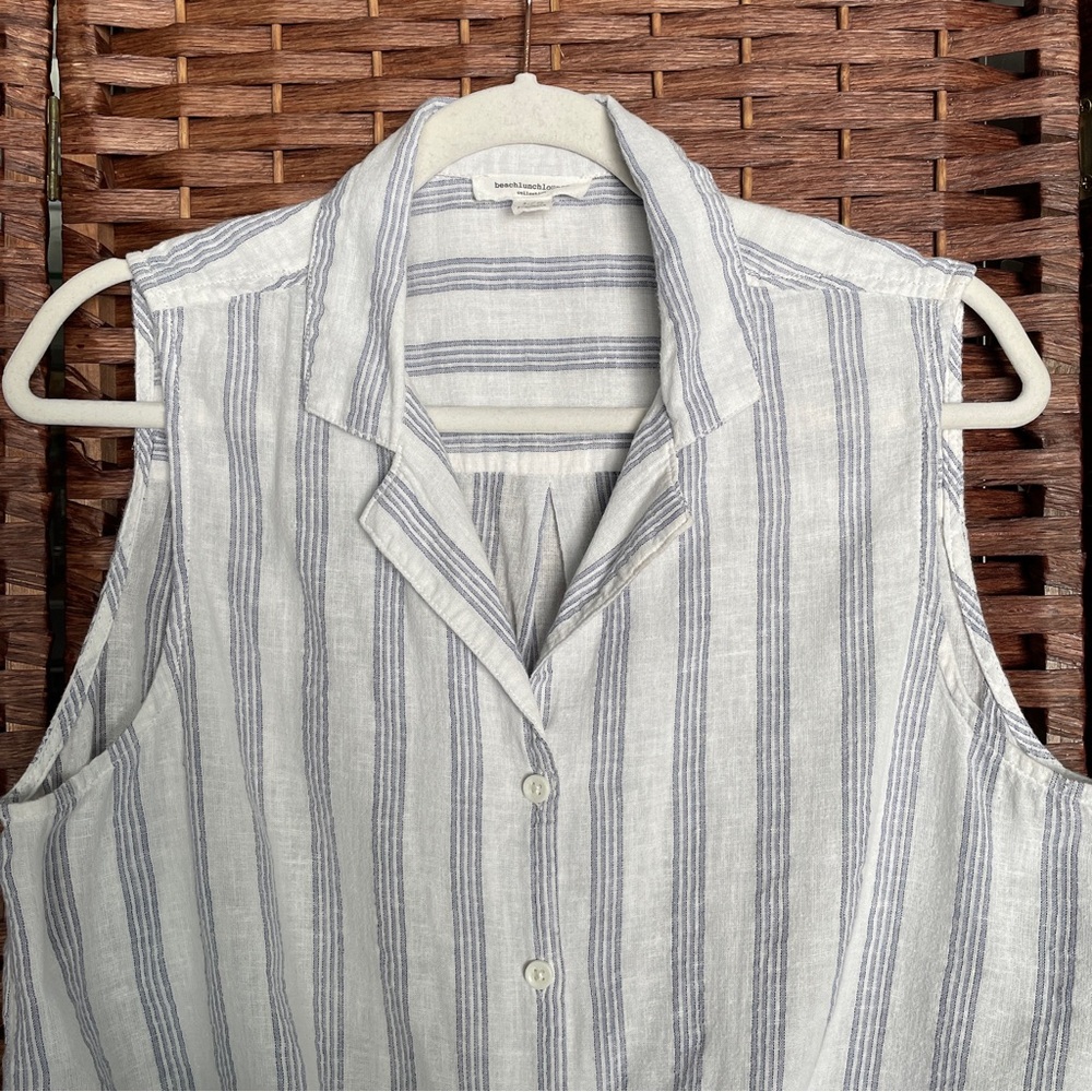 beachlunchlounge Sleeveless Button-Front Cotton Linen Top, Coastal Nautical L. - Picture 2 of 7